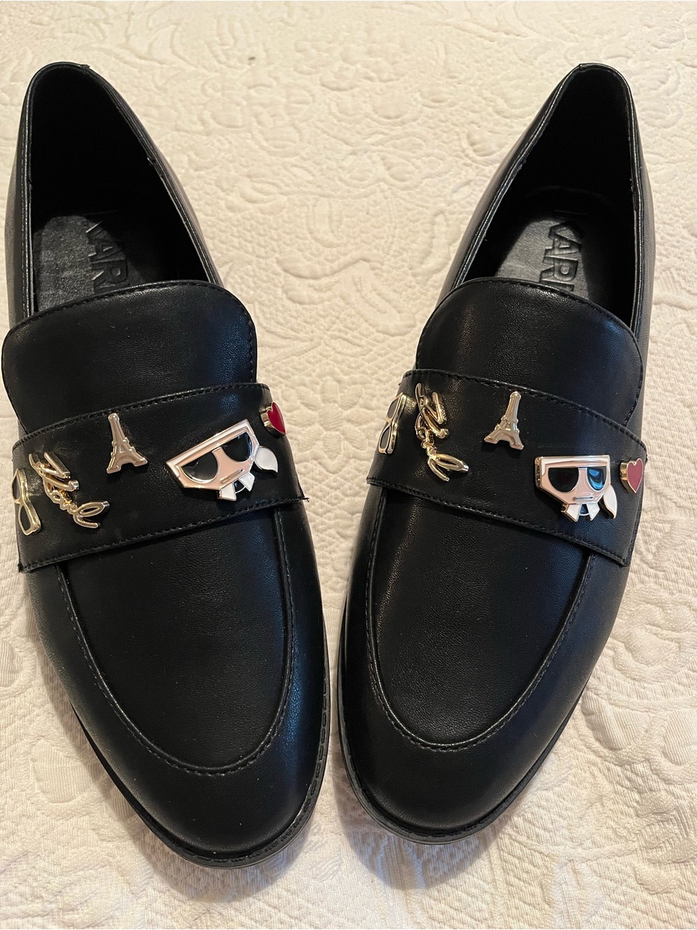 Karl Lagerfeld Black Leather Loafers with Gold & Enamel Charms